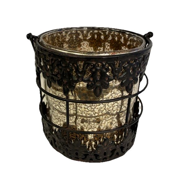 Candle Holder Made With Metal And Speckled Glass Insert. 2 Piece At. 5” X 5.5” - Picture 1 of 8